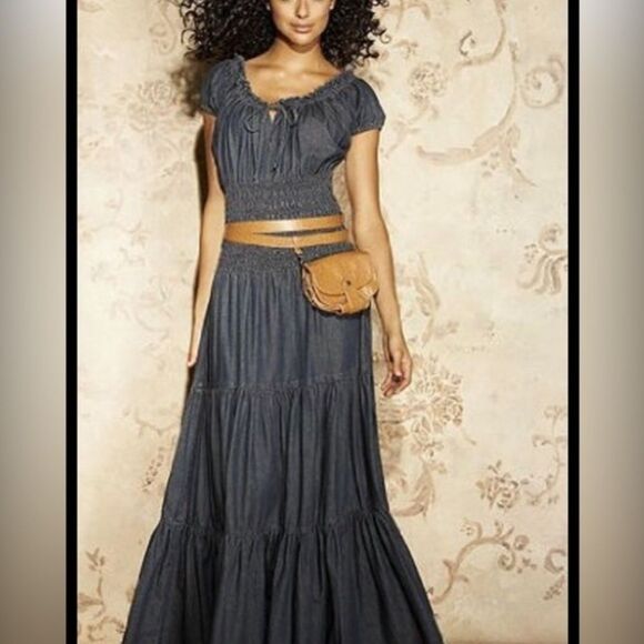 Dresses & Skirts - Tiered Ruffle Cinched Waist Boho Peasant Cottagecore Black Jean Maxi Dress 2P